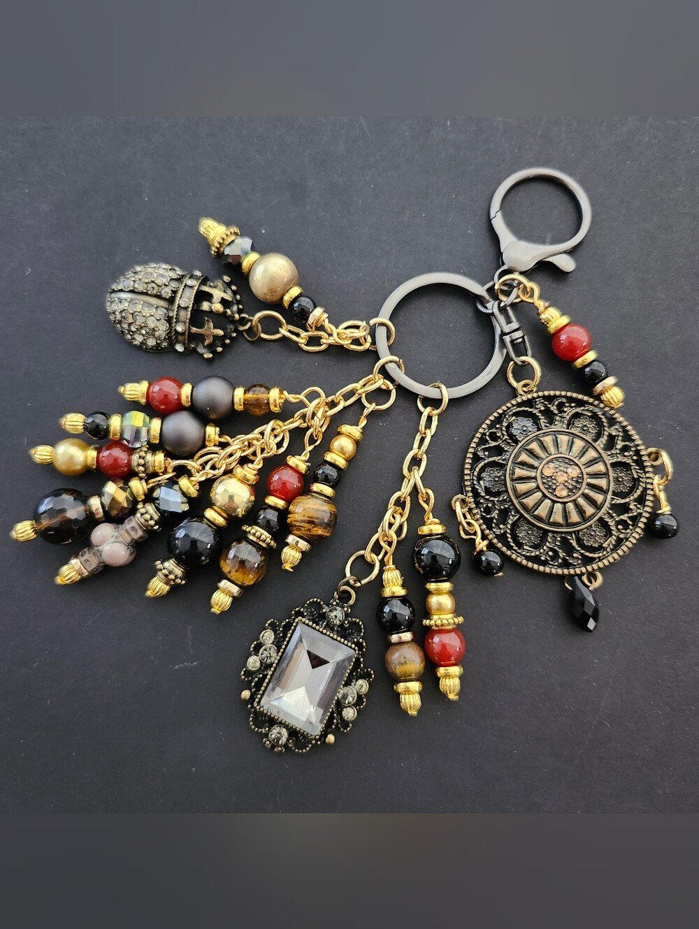 Upcycled Gothic Medallion Purse Charm Carnelian Tigers Eye Handcrafted